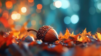 Poster - A detailed view of an acorn sitting on a pile of leaves, great for nature and outdoor themes
