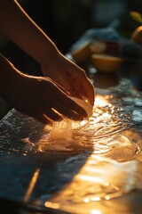 Aufkleber - A close-up view of a person's hand touching a piece of aluminum foil on a table
