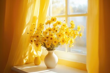 Poster - A vase of bright yellow flowers sits on a sunny window sill