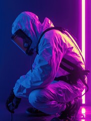 Poster - A worker in a protective suit is kneeling down, possibly inspecting or repairing something