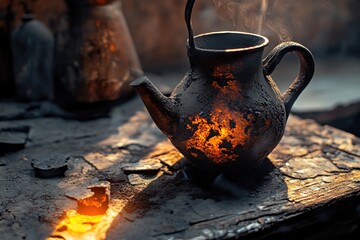 Poster - A tea pot with a lit candle on a table, perfect for still life or interior scenes