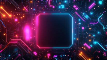 Poster - Texture with a bright neon circuit pattern, with empty space in the center for text or graphics. background wallpaper AI generated image