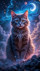 Wall Mural - Majestic Longhaired Cat Underneath a Crescent Moon