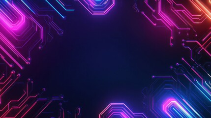 Poster - Texture with a bright neon circuit pattern, with empty space in the center for text or graphics. background wallpaper AI generated image
