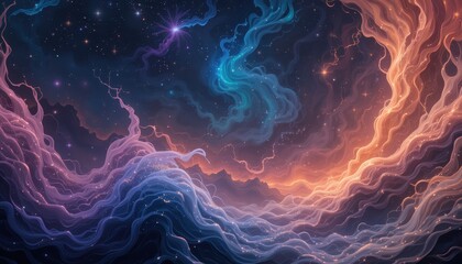 Wall Mural - Celestial Waves Flowing Across Starlit Mountains