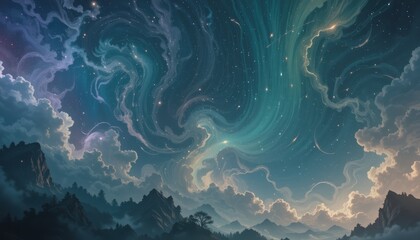 Wall Mural - Serene Mountain Landscape Under A Starry Whimsical Sky