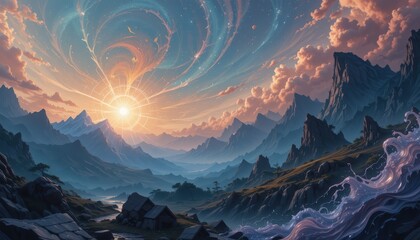 Wall Mural - celestial sunrise over mountain valley landscape