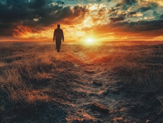Poster - A person strolling through a green field, heading towards the warm sunlight
