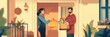 © Anat art - Friendly delivery person hands over grocery bag to customer at warm and cozy doorstep during evening