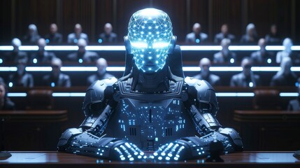 Poster - Holographic AI representation presiding over a virtual trial in an advanced judiciary setting