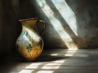 Poster - A decorative vase sits atop a wooden floor in a home or office setting