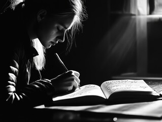 Poster - A woman writes in a book with a pen