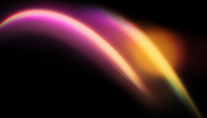 Color light overlay. Defocused yellow-pink radiance soft texture on dark black abstract empty space background. Light in the galaxy with gradient colors on black background.