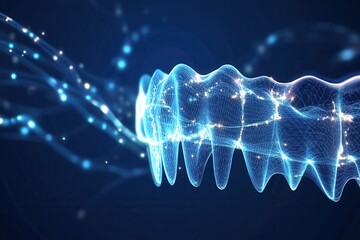 Aufkleber - Dynamic abstract background with glowing golden waves illustrating healing and strength of dental implants with futuristic accents