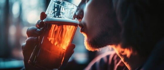 Poster - A person sipping a cold beer in a dimly lit space, perfect for a cozy evening or a relaxing atmosphere