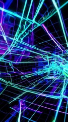 Poster - Futuristic neon grid tunnel with dynamic glowing lines and abstract geometric patterns