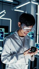 Poster - Scientist examines advanced microchip in futuristic laboratory setting