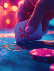 Poster - A hand holds a playing card above a casino table, perfect for financial or gaming concepts