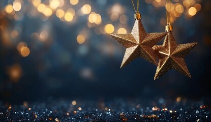 Poster - Golden stars hanging. Festive, decorative background with bokeh lights for Christmas use
