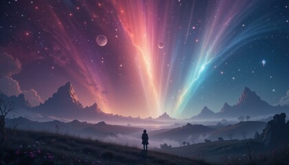 Wall Mural - Solitary Figure Gazes Upon a Celestial Mountain Landscape