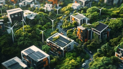 Poster - Aerial view of a futuristic green city with smart homes equipped with solar panels, wind turbines, and electric transport