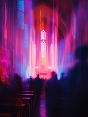Poster - A blurry image of people gathered inside a church, suitable for use as a background or to represent a religious setting