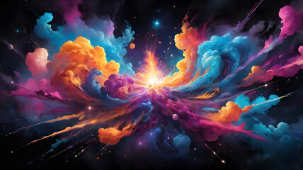 Poster - Cosmic Burst of Color: A mesmerizing explosion of vibrant colors, swirls, and patterns unfolds against a backdrop of deep space, creating an abstract and visually stunning artwork.