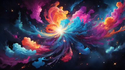 Poster - Cosmic Burst: A vibrant and dynamic illustration of a colorful cosmic burst, featuring swirling nebulas of color and light and a captivating central point.