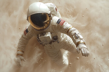 Wall Mural - An astronaut floats amidst a swirling sepia-toned dust cloud adorned with the American flag on their spacesuit.