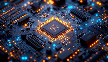 Poster - Illuminated chip processes data on motherboard suggesting tech illustration