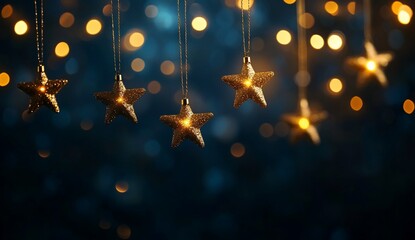 Poster - Golden stars hanging against bokeh background for holiday decor or celebrations