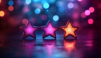 Poster - Three stars glowing, illuminating a reflective surface with bokeh lights backdrop