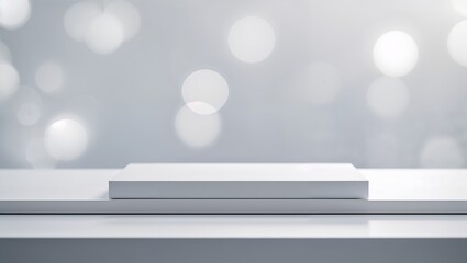 Poster - Minimalist display of a white object on a smooth table with soft bokeh lighting in a bright setting