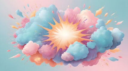 Poster - Explosive Colors: A vibrant burst of pastel colors, including blues, pinks, and oranges, creates a visually stunning and energetic explosion effect against a soft, gradient backdrop.