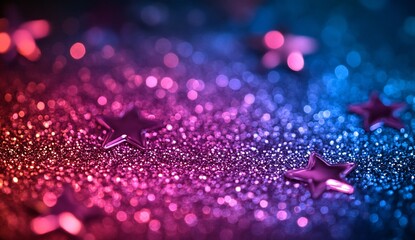Poster - Glitter stars on surface with colored light background for holidays and celebrations