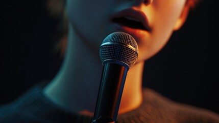 Poster - A person holds a microphone up close, ready to speak or perform