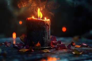Poster - A single lit candle sits on a wooden table, perfect for adding warmth and ambiance to any setting