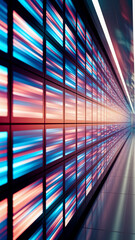 Poster - Abstract image of numerous screens displaying blue and pink horizontal light streaks, creating a dynamic and futuristic corridor effect, showcasing technology and innovation