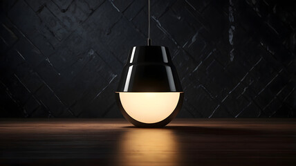 Poster - Illuminating Design: An elegant, modern pendant lamp glows against a textured, dark background, casting a warm light on a wooden surface.