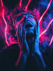 Poster - A person wearing glasses stands in front of a backdrop of red and blue lights
