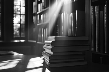 Aufkleber - A stack of books resting on a wooden table, perfect for depicting knowledge and learning