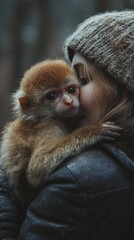 Poster - A woman hugs a monkey tightly, a moment of affection and connection