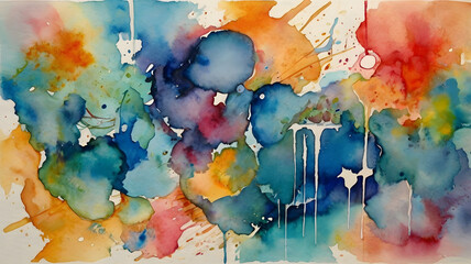 Poster - Abstract Watercolor Splatter: A vibrant and dynamic abstract watercolor painting showcasing a colorful explosion of splatters, drops, and washes, creating a mesmerizing blend of hues and textures.