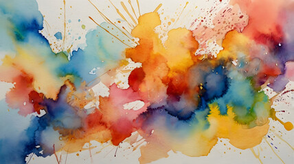 Poster - Abstract Watercolor Splash: A vibrant, dynamic composition bursts with color, where blended hues of orange, blue, red, and yellow create a captivating display of fluidity and artistic expression.