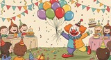 A cheerful clown entertains children at a vibrant birthday party filled with joy and colorful decorations