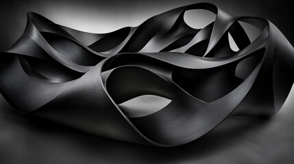Fototapete - Abstract black and gray sculptural form with intricate interwoven shapes and textures, set against a dark background. The piece exhibits a sense of movement and fluidity.