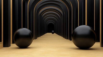 Poster - Abstract 3D rendering of two black spheres in a long corridor with arched black walls and a beige floor. The corridor creates a perspective effect, leading to a vanishing point in the distance.