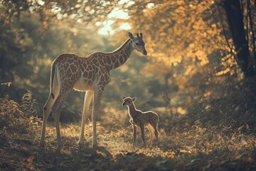Poster - A mother giraffe with her young in a wooded area, surrounded by trees and foliage