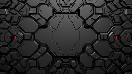 Fototapete - Abstract dark gray geometric background with red accents. Hexagonal and polygonal shapes create a textured, metallic surface.  The central area is a darker, recessed panel.