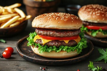 Poster - Juicy cheeseburger served with crispy fries on a rustic wooden table